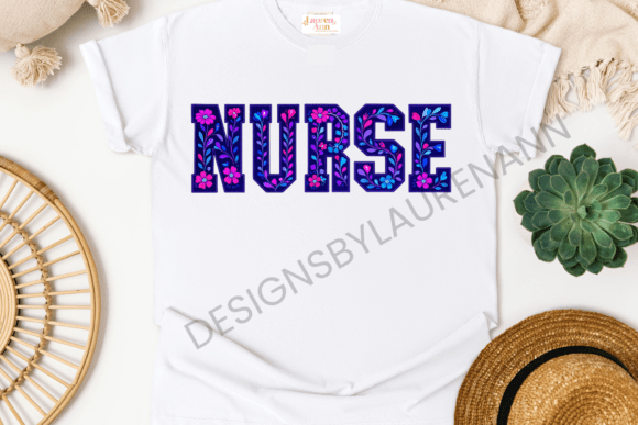 Neon Floral Nurse Patch Style Graphic for Vibrant Designs