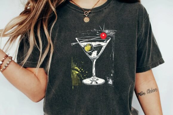 Retro Martini Cocktail Glass Graphic with Olive and Cherry T-Shirt Design Sublimation Png