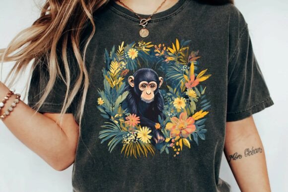 Wild Meets Botanical: The Aesthetic Chimpanzee Floral Wreath PNG